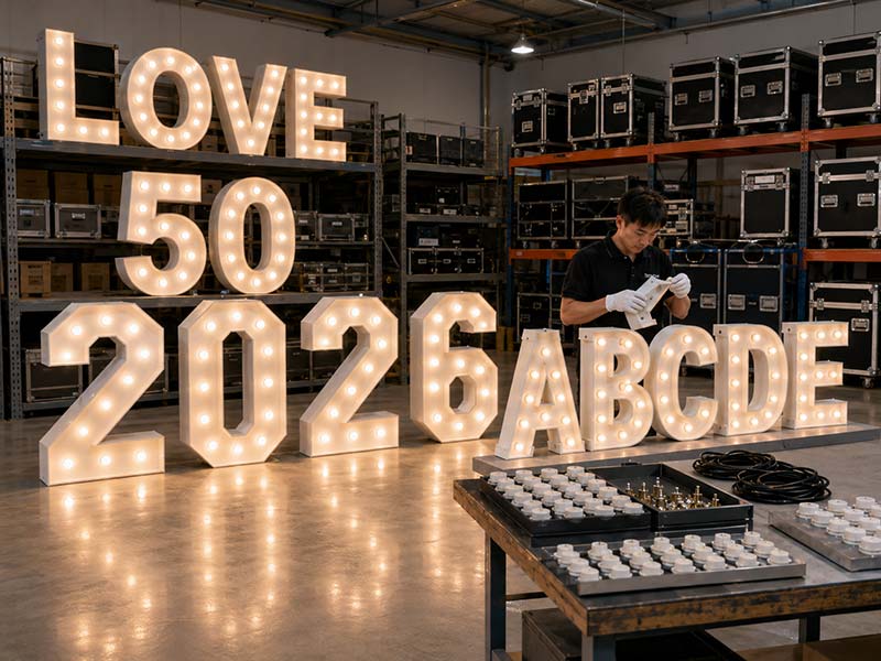 Reusable marquee letters and numbers prepared as professional event rental inventory