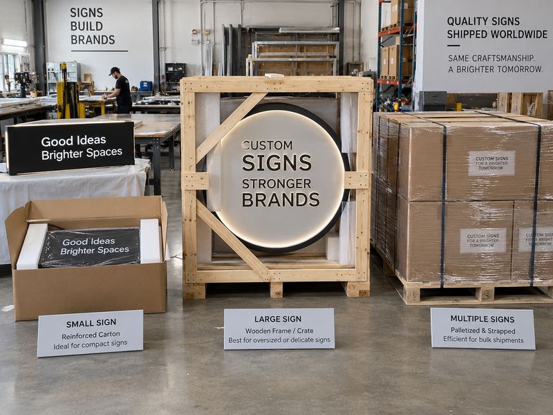Export packaging options for custom signs including cartons crates and pallets