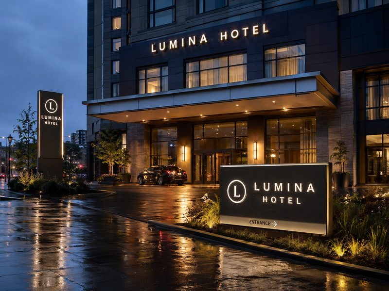 Exterior hotel signs with illuminated channel letters, monument sign and blade sign