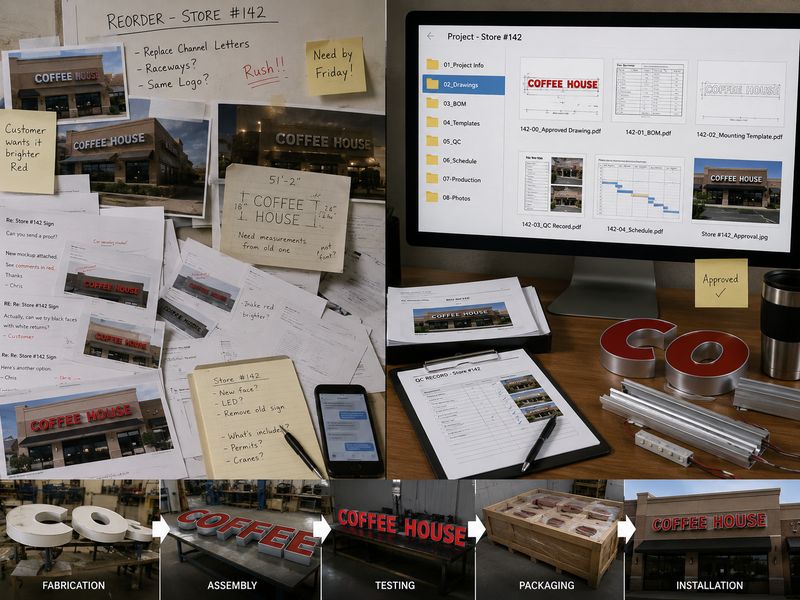 Comparison of an undocumented sign reorder workflow and an organized digital production file workflow