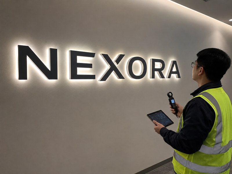 Final inspection of installed halo-lit channel letters for brightness, uniformity, and wall reflection