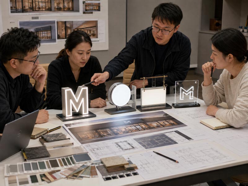 Final mall store sign package review with product samples, materials, and storefront drawings