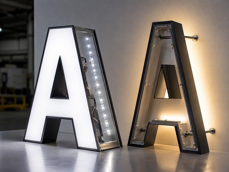 Close-up structure of front-lit and back-lit channel letters