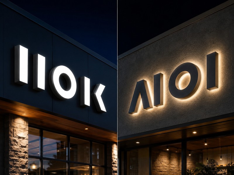 Comparison of illuminated front-lit and halo-lit channel letter signs