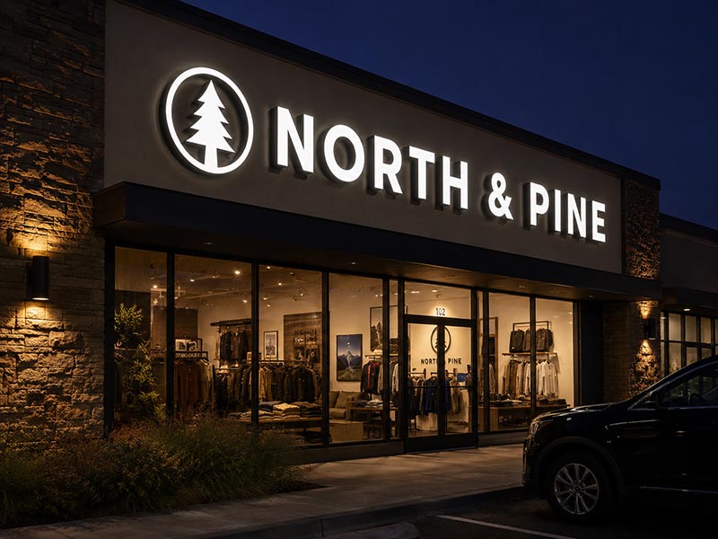Bright front-lit channel letters for storefront visibility at night