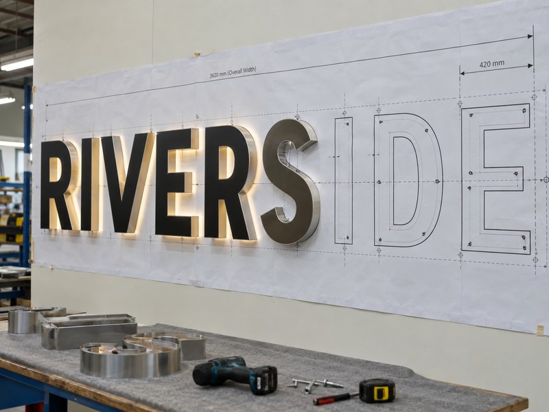 Full-size channel letter mounting template matching finished letters and their approved spacing