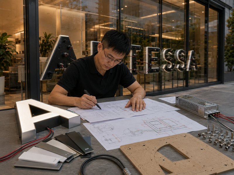 Engineer reviewing channel letter drawings, wiring routes, mounting details, and glass wall measurements before production