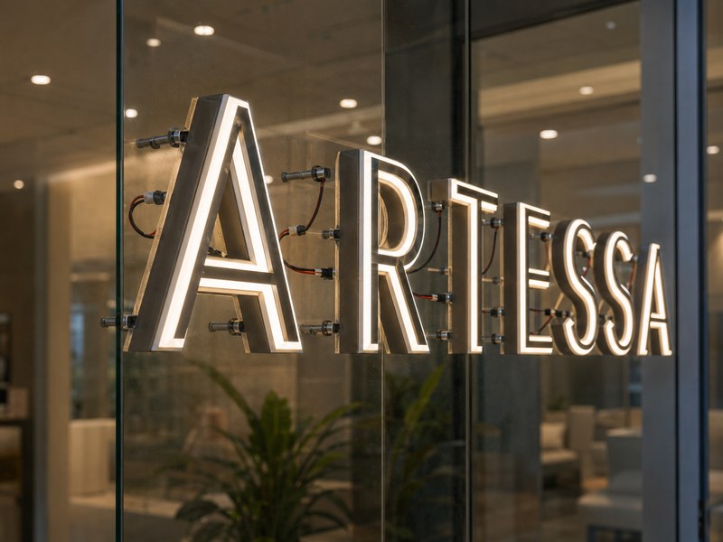 Rear wiring and mounting details visible through glass behind illuminated channel letters