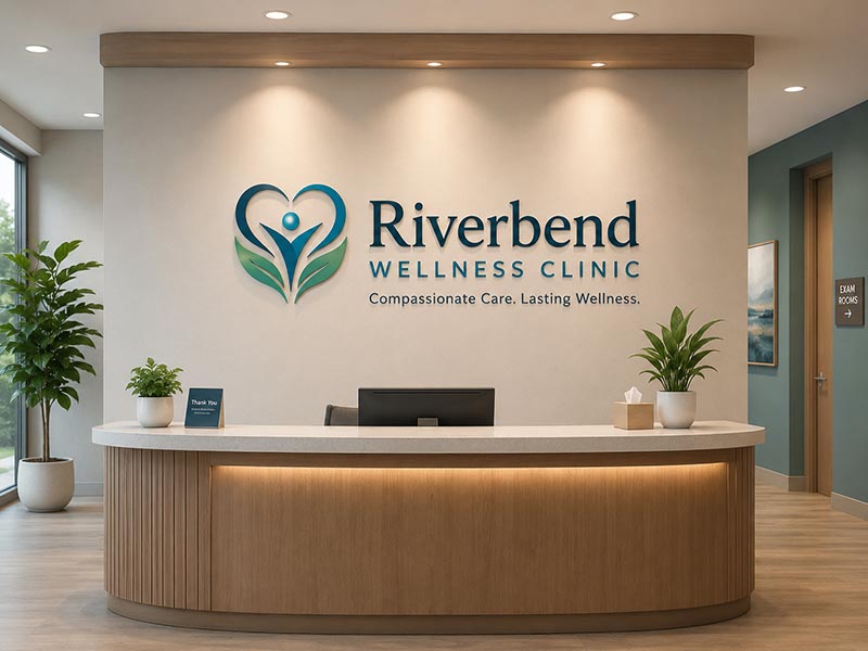 Clean clinic reception sign behind front desk for professional patient check-in area
