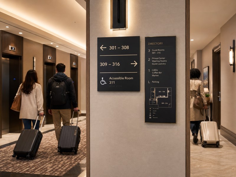 Guest-centered hotel wayfinding system near an elevator lobby with clear directional signs