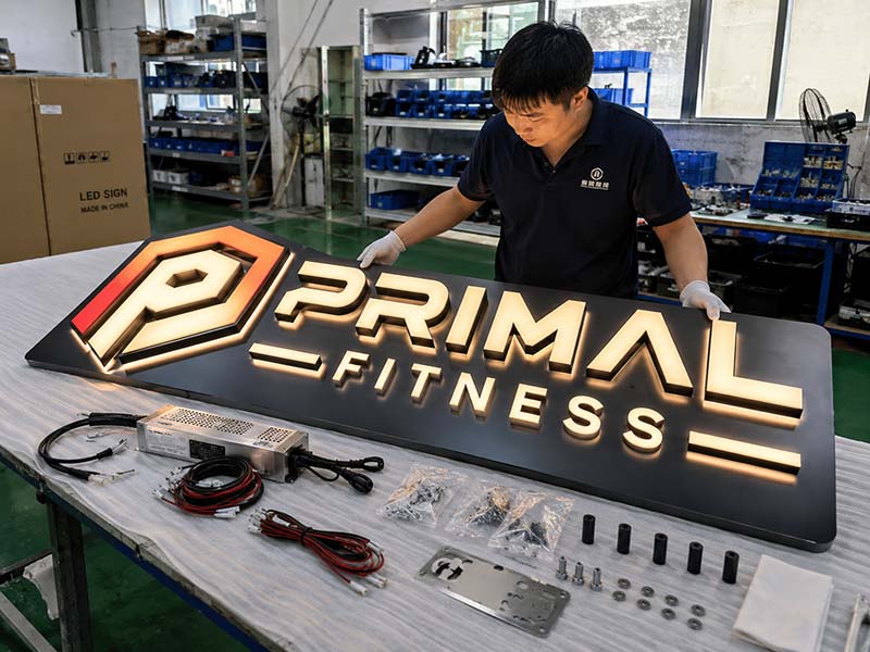 Production check for a custom LED logo sign before gym installation