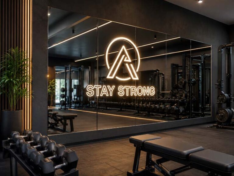 Custom motivational neon sign installed on a modern gym mirror wall