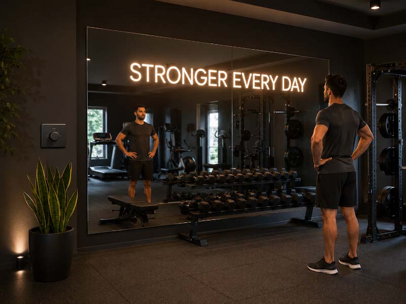 Properly sized dimmable neon sign with balanced brightness on a gym mirror wall