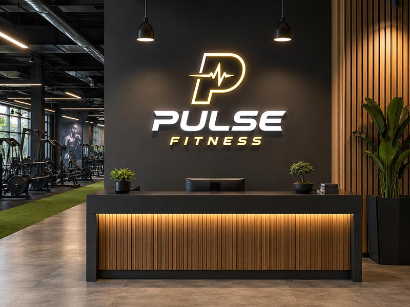 Custom LED logo sign on a gym reception brand wall