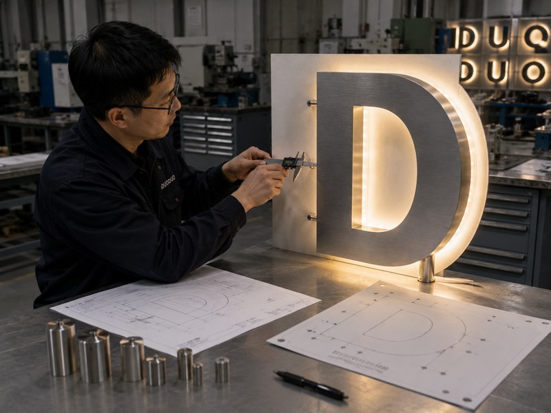 Engineer measuring and confirming the stand-off distance of a halo-lit channel letter prototype before production