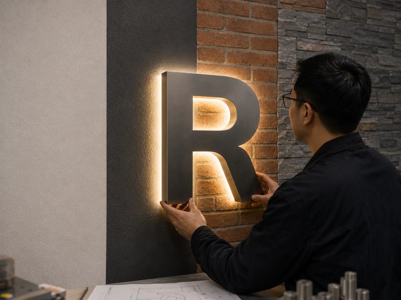 Halo-lit channel letter tested against different wall colors and textures to determine the correct spacing