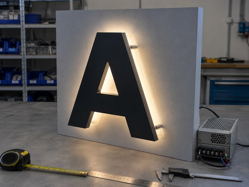 Halo-lit channel letter undergoing engineering testing for standoff distance, depth, and light distribution
