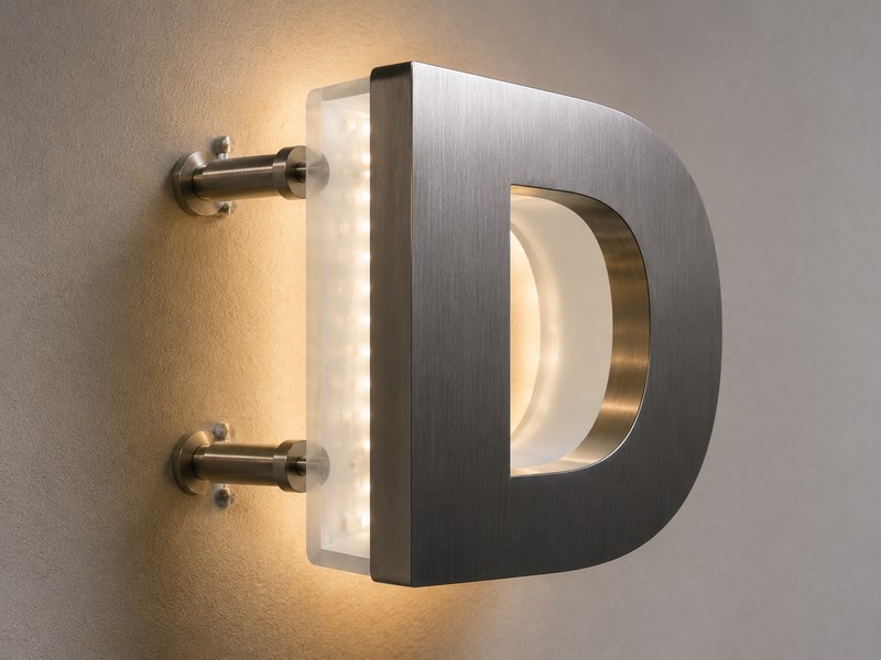 Close-up of a halo-lit channel letter showing the stand-off gap, spacers, rear panel, and wall