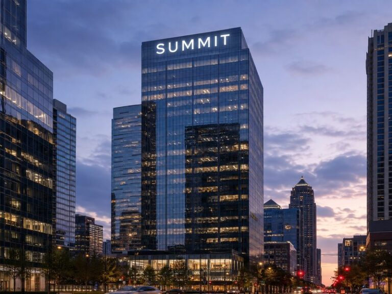 Custom illuminated high-rise building signage with large channel letters on a modern commercial tower