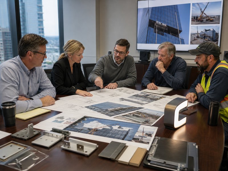 High-rise signage project team reviewing shop drawings and installation requirements before approval
