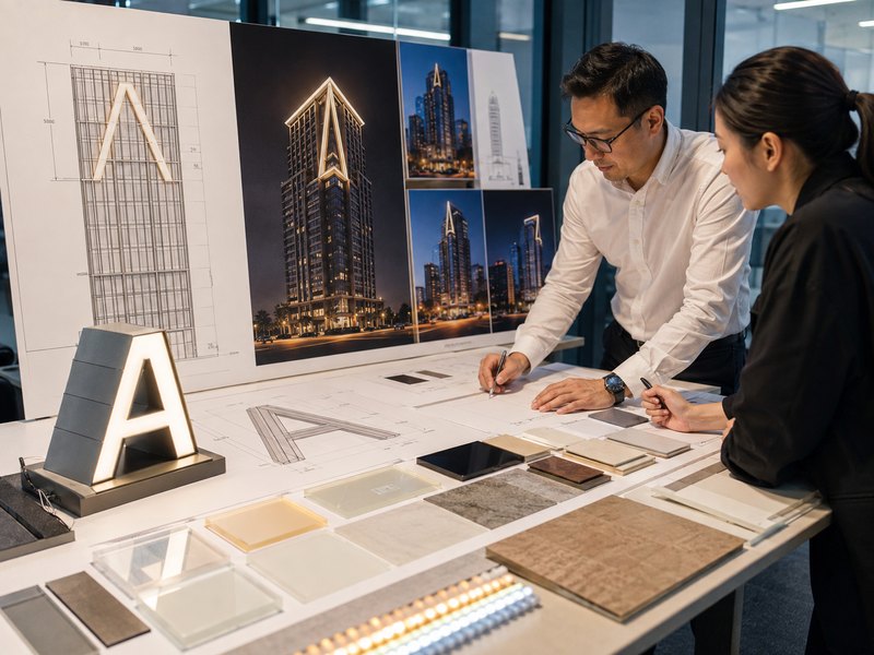 Engineers planning channel letter size and LED lighting for a high-rise building sign