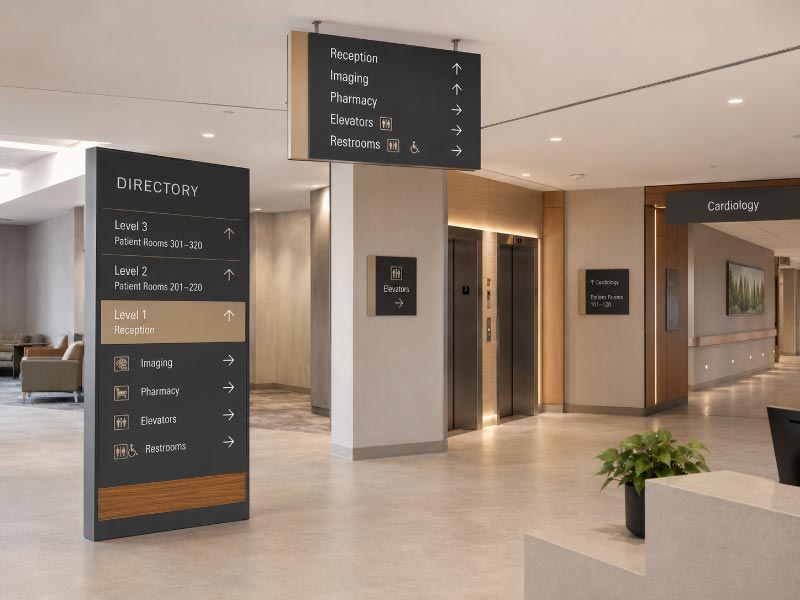 Hospital wayfinding signs directing visitors to departments elevators and reception