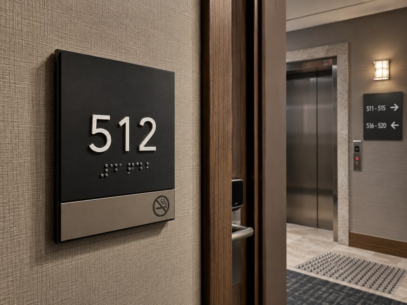 Hotel ADA room number sign with tactile characters and braille beside guest room door