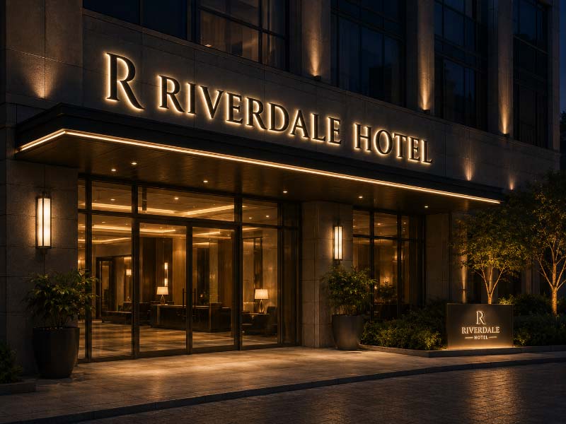 Illuminated channel letter sign on a modern hotel exterior