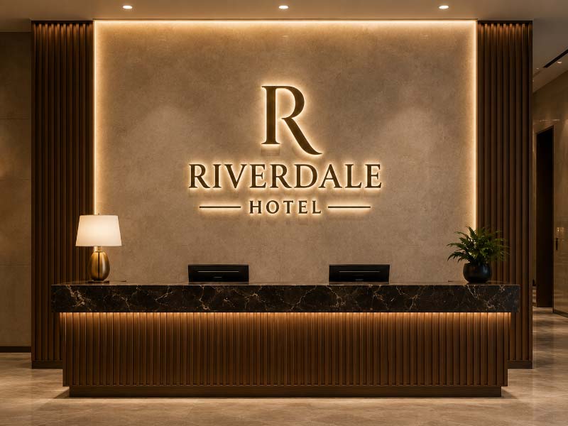 Halo-lit metal logo sign behind a modern hotel reception desk