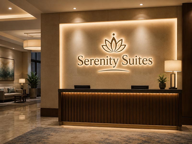 Illuminated hotel reception sign designed to match the lobby interior