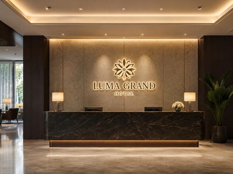 Premium illuminated hotel lobby sign behind a reception desk