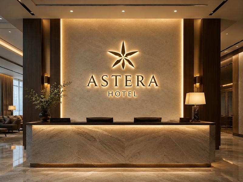 Hotel lobby sign with soft warm white lighting and even glow