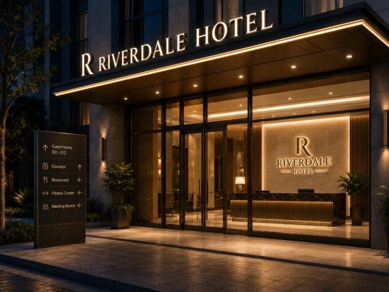 Hotel entrance with lobby, wayfinding, and illuminated exterior signs