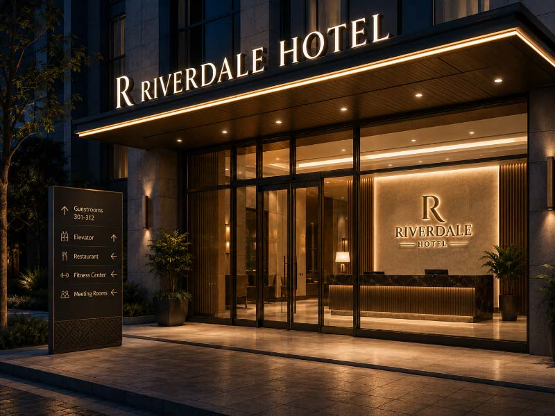 Hotel entrance with lobby, wayfinding, and illuminated exterior signs