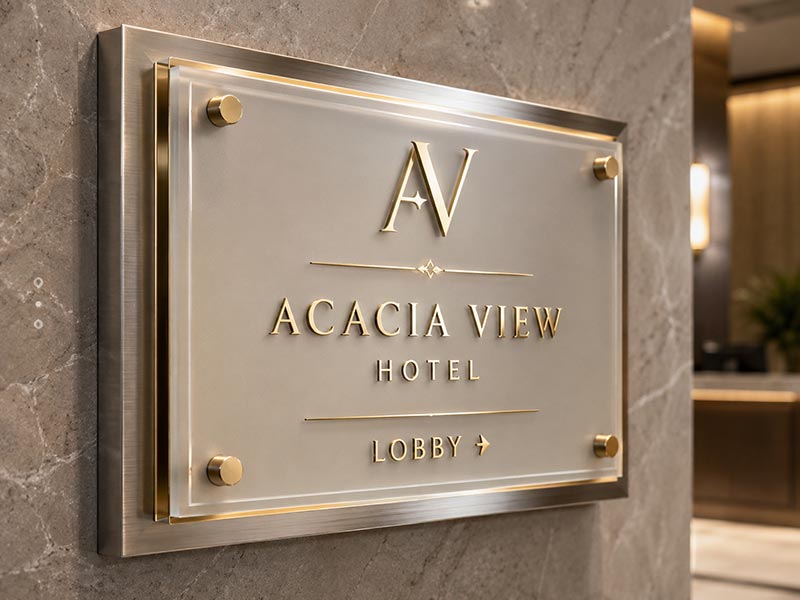 Close-up of premium materials used for a hotel lobby sign