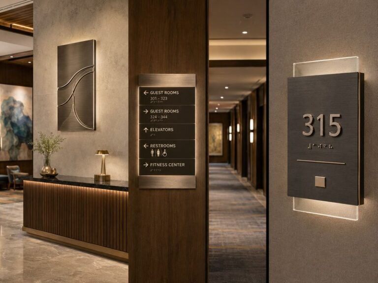 Contemporary hotel signage system with lobby logo, directional signs and accessible room plaques