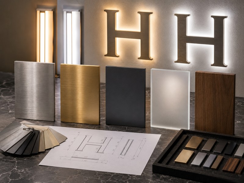 Hotel signage material samples with brushed metal, frosted acrylic, timber and halo lighting
