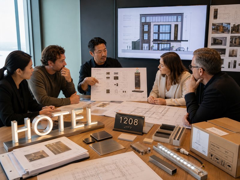 Hotel signage planning with material samples, illuminated letters and room sign prototypes