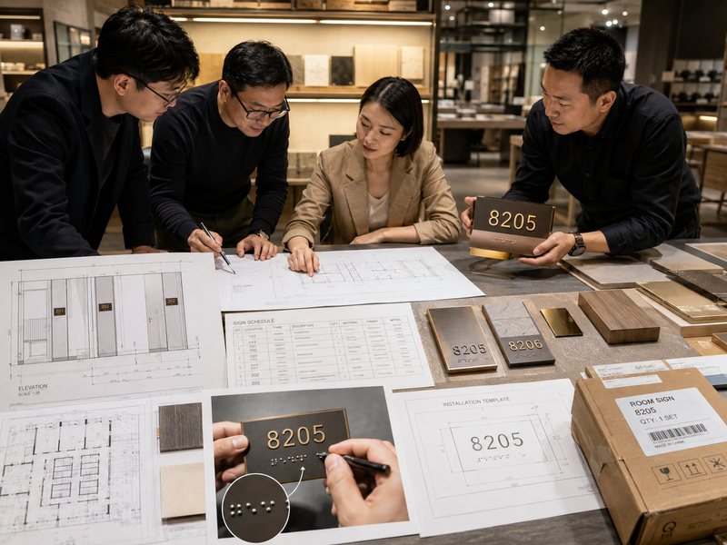 Engineers reviewing hotel signage drawings, room-sign prototypes, Braille details and installation templates