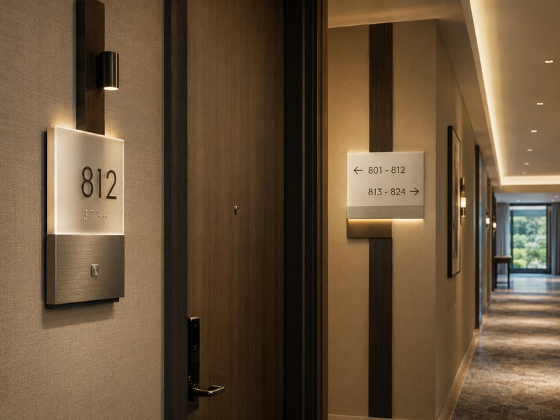 Coordinated luxury hotel signage with room numbers, directional signs and warm architectural lighting