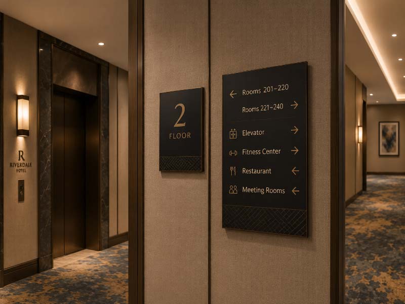Hotel wayfinding signs with room ranges, arrows, and floor information