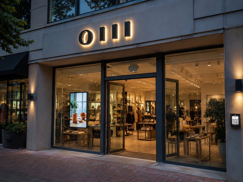 Hybrid retail storefront with halo-lit letters, window display, QR panel and interior directional signage