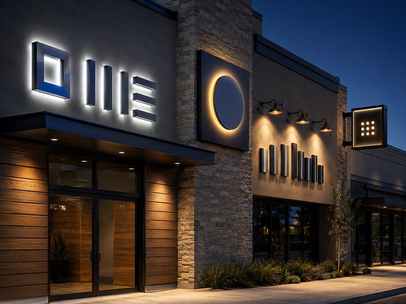 Internally and externally illuminated signs on a modern commercial building facade