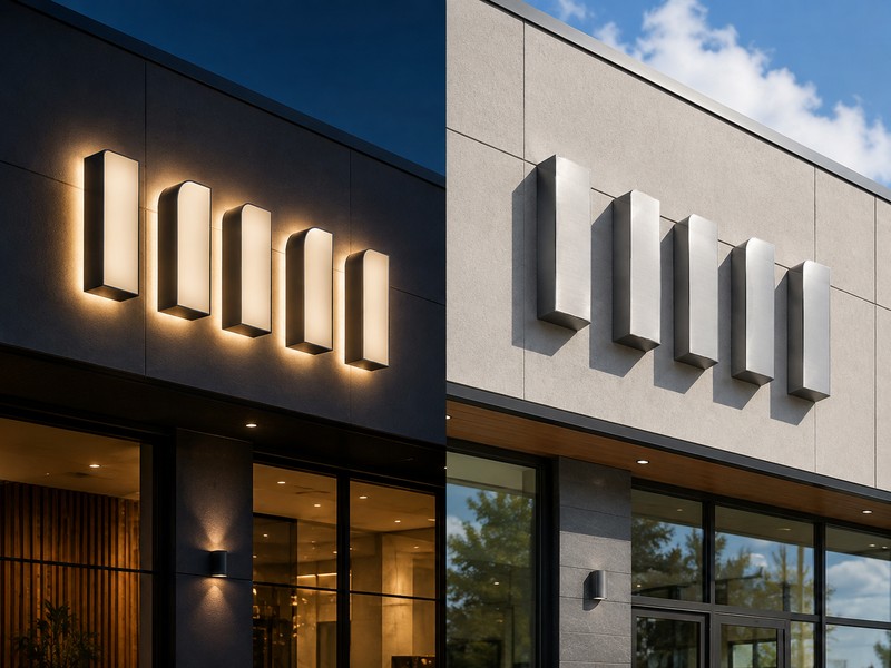 Illuminated channel letters and non-illuminated metal letters on commercial storefront walls