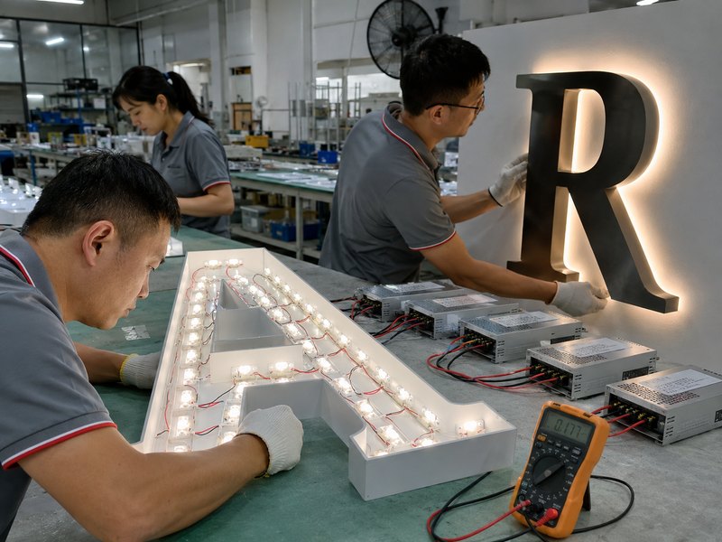 Commercial illuminated sign quality testing with LED modules wiring and power supplies