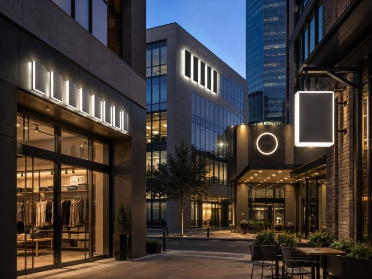 Types of illuminated signs installed on modern commercial buildings at blue hour