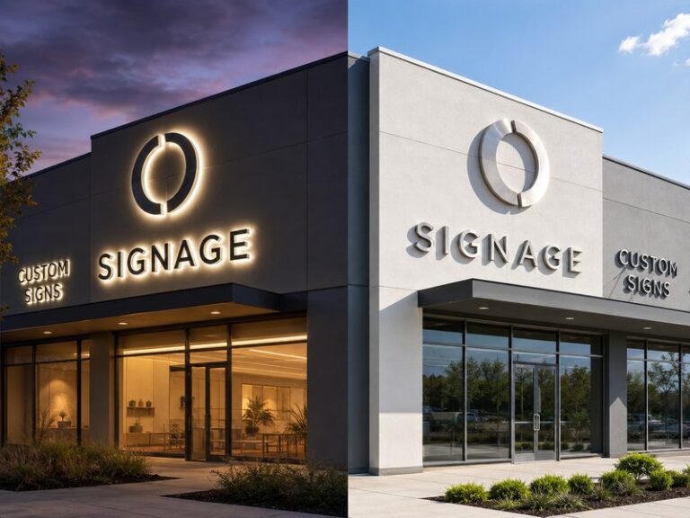 Illuminated channel letters and non-illuminated dimensional signs compared on a modern commercial building