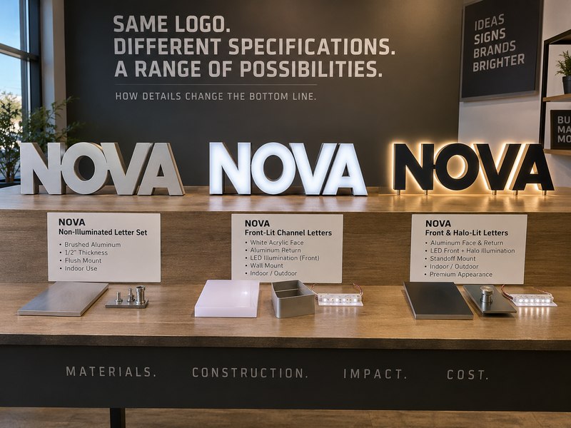 Same custom sign logo with different specifications showing how incomplete RFQs affect pricing
