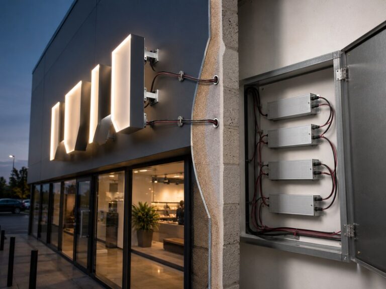 Individually mounted channel letters connected to remote power supplies behind an accessible storefront wall