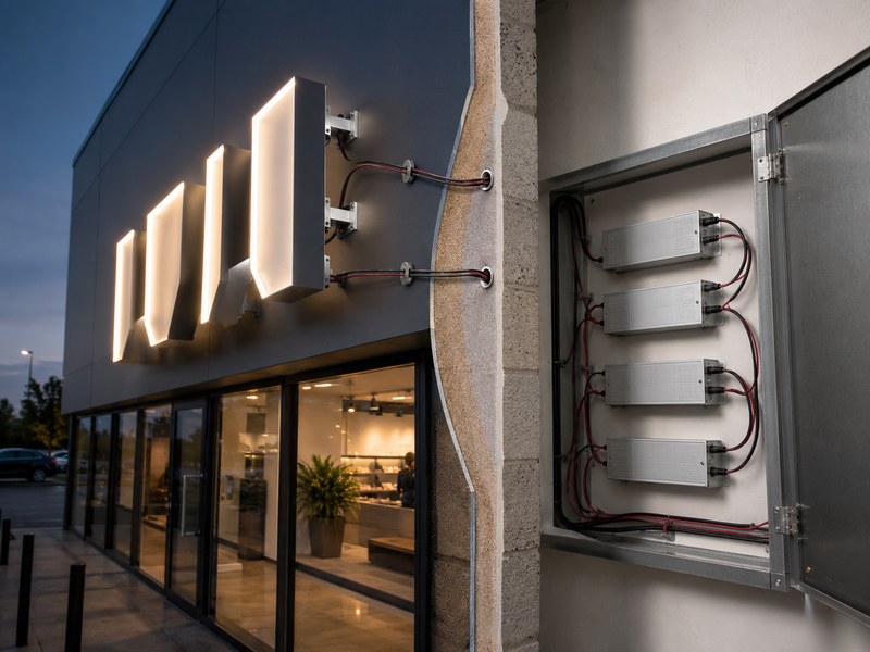 Individually mounted channel letters connected to remote power supplies behind an accessible storefront wall